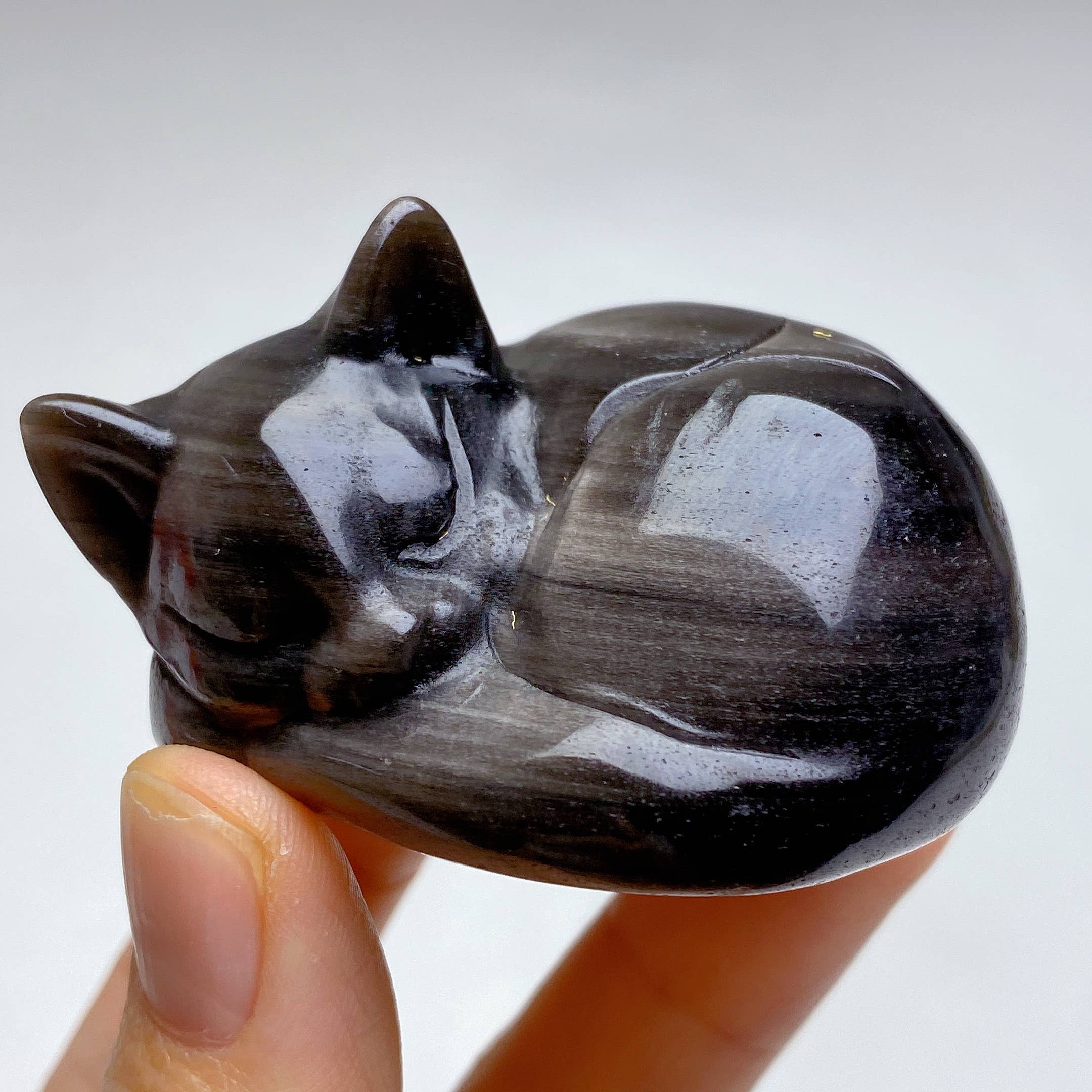 Silberschein-Obsidian Katzen-Schnitzerei